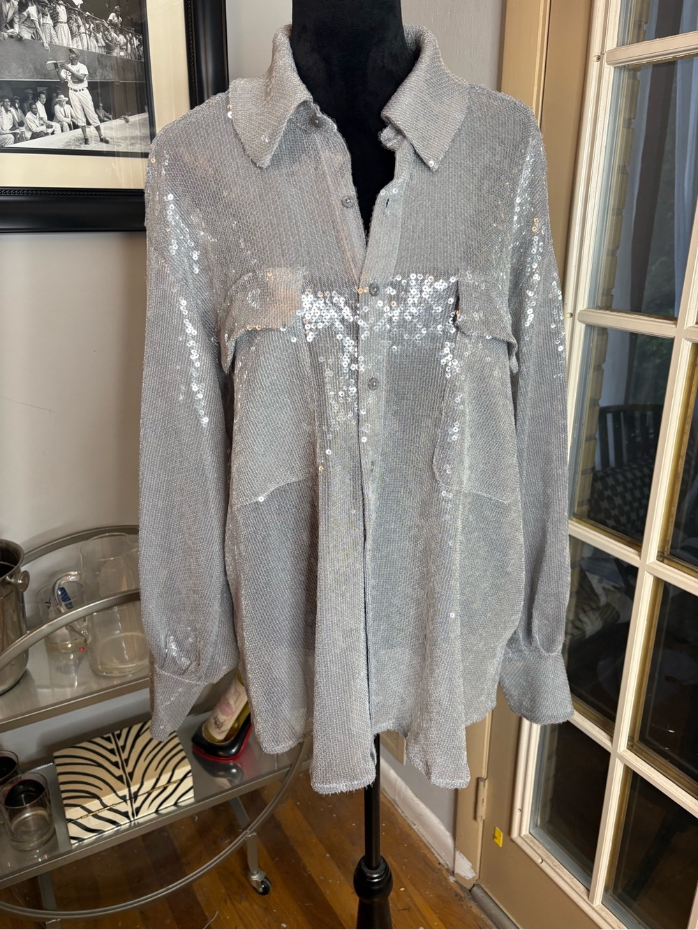 Free People Silver Sequin Button-Front Shirt Jacket